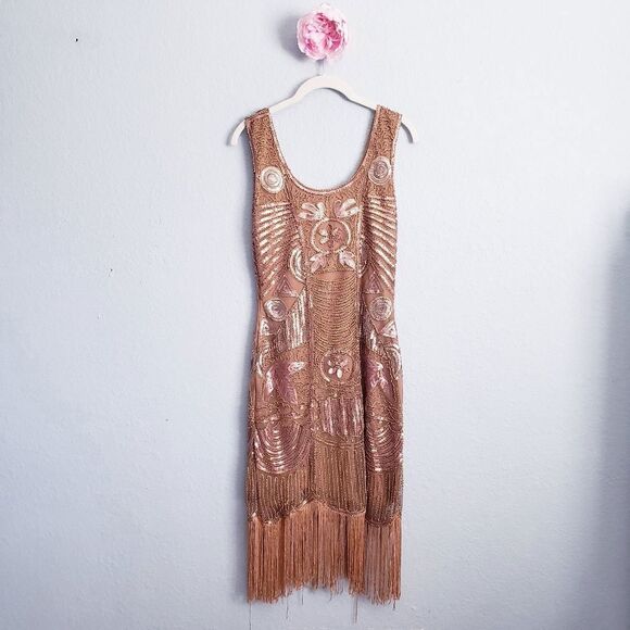 Unique Vintage 1920s Style Bronze Hand Beaded Fringe Bosley Flapper Dress - Picture 6 of 8